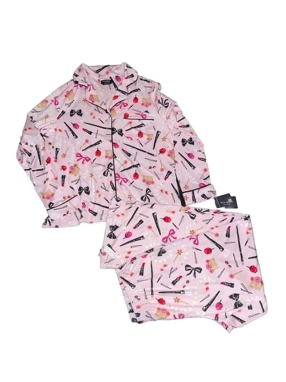 Kate Spade New York 2 Piece Notch Collar Pajama Set Pink Makeup Print Small